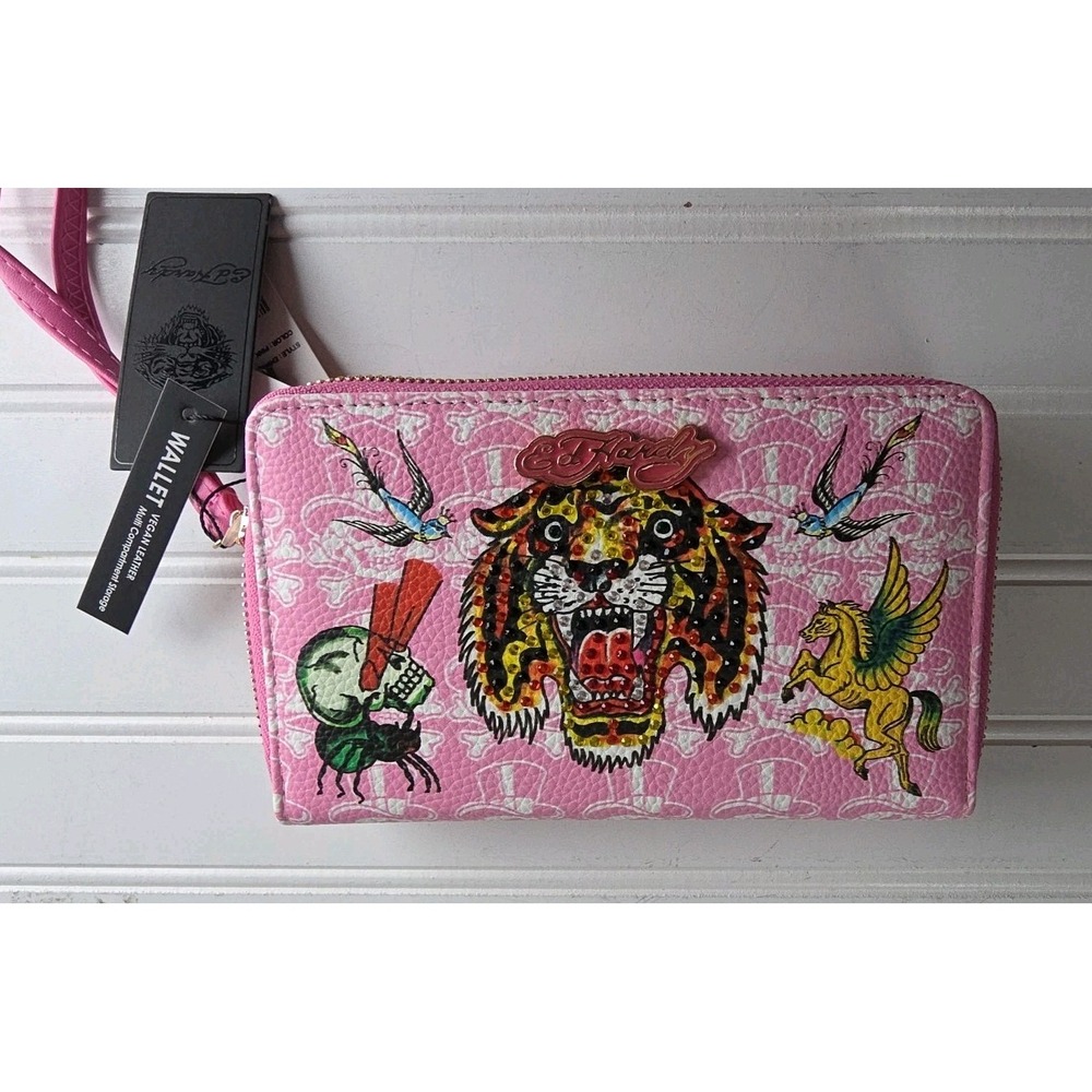 Ed Hardy VEGAN LEATHER MULTI COMPARTMENT Tiger Skull Print Zip-Around Wallet NWT